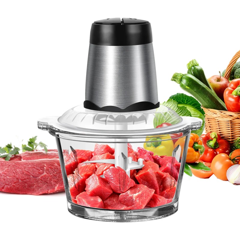 Food Processor Large - 2L Elektrische Fleischmühle, Lebensmittelzerkleinerer mit Edelstahlklingen,